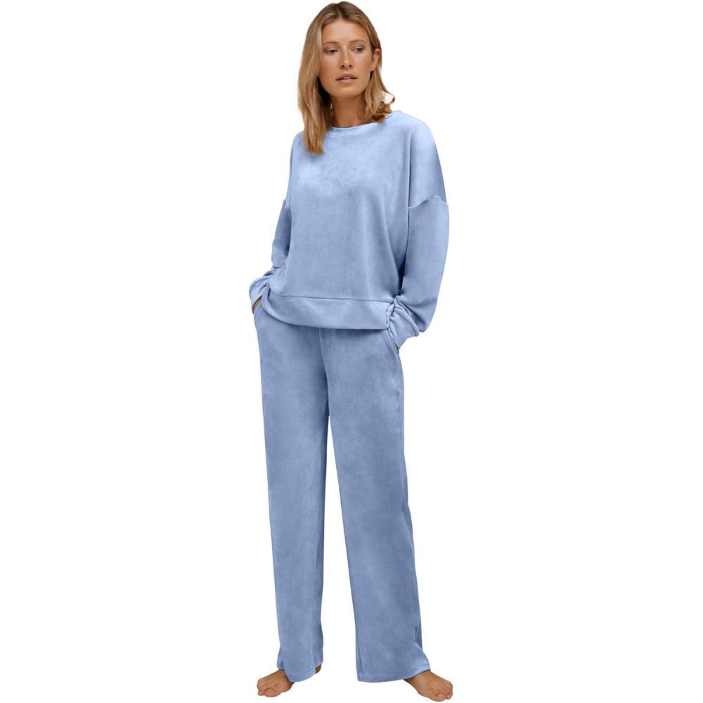 imageellos Plus Size Stretch Velour Wide Leg PullOn PantsPale Indigo