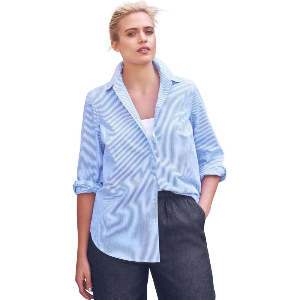 imageellos Womens Plus Size Long Sleeve ButtonDown Shirt Oversized Tunic BlouseFrench Blue White Stripe