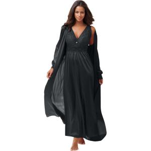 Amoureuse Plus Size Peignoir 2-Piece Tricot Gown & Robe(Black)