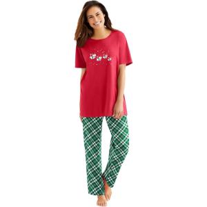 Dreams & Co. Plus Size Graphic Tee PJ Set(Classic Red Reindeer Cat)