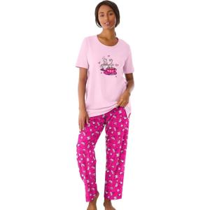 Dreams & Co. Plus Size Graphic Tee PJ Set(Pink Tea Cup)