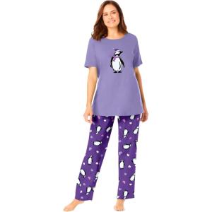 Dreams & Co. Plus Size Graphic Tee PJ Set(Plum Burst Penguins)