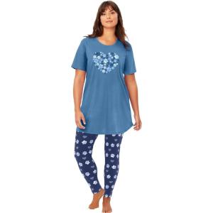 Dreams & Co. Plus Size Graphic Tunic PJ Set(Dusty Indigo Animal Paw)