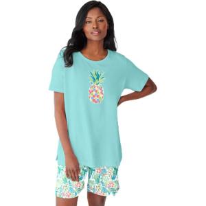 Dreams & Co. Plus Size Knit Pj Short Set(Aqua Haze Tropical)