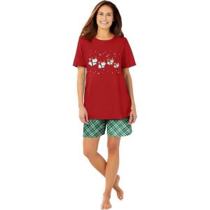 Dreams & Co. Plus Size Knit Pj Short Set(Classic Red Reindeer Cat)