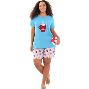 Dreams & Co. Plus Size Knit Pj Short Set(Glass Blue Mugs)