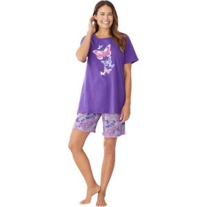 Dreams & Co. Plus Size Knit Pj Short Set(Plum Burst Floral Butterfly)
