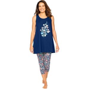Dreams & Co. Plus Size Scoopneck Tank & Capri Legging PJ Set(Evening Blue Floral)