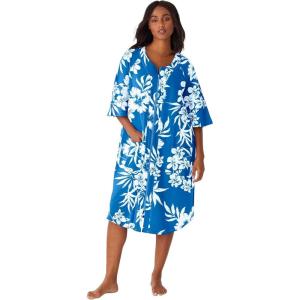 Dreams & Co. Plus Size Short French Terry Zip-Front Robe(Pool Blue Shadow Floral)