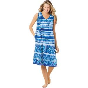 Dreams & Co. Plus Size Trapeze V-Neck Short Lounger(Bright Cobalt Tie Dye Stripe)
