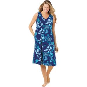 Dreams & Co. Plus Size Trapeze V-Neck Short Lounger(Evening Blue Peony)