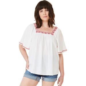 Ellos Plus Size Embroidered Gauze Blouse(White)