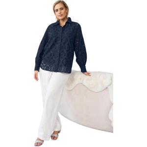 Ellos Plus Size Eyelet Button Front Shirt with Blouson Sleeves(Navy)