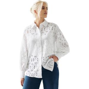 Ellos Plus Size Eyelet Button Front Shirt with Blouson Sleeves(White)