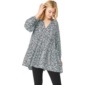 Ellos Plus Size Tiered Tunic With Notch V-Neck(Black Cloud Blue Print)