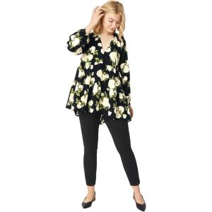 Ellos Plus Size Tiered Tunic With Notch V-Neck(Black White Rose Print)