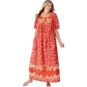 Only Necessities Women’s Plus Size Bib Front Lounger House Dress, Nightgown(Paprika Folk Floral)