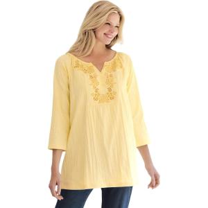 Woman Within Plus Size Embroidered Crinkle Tunic(Banana Rose Embroidery)
