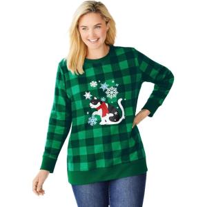 Woman Within Plus Size Fleece Holiday Sweatshirt(Emerald Cat)