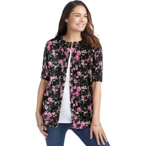 Woman Within Plus Size Perfect Elbow-Length Sleeve Cardigan Sweater(Black Floral)