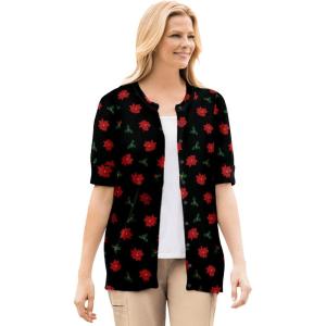 Woman Within Plus Size Perfect Elbow-Length Sleeve Cardigan Sweater(Black Poinsettia)