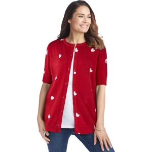 Woman Within Plus Size Perfect Elbow-Length Sleeve Cardigan Sweater(Classic Red Heart)