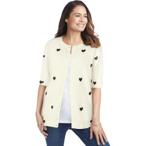 Woman Within Plus Size Perfect Elbow-Length Sleeve Cardigan Sweater(Ivory Black Heart)