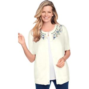 Woman Within Plus Size Perfect Elbow-Length Sleeve Cardigan Sweater(Ivory Snowflake Embroidery)