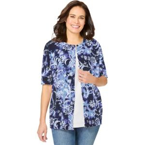 Woman Within Plus Size Perfect Elbow-Length Sleeve Cardigan Sweater(Navy Floral Tie Dye)