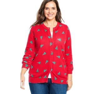Woman Within Plus Size Perfect Long-Sleeve Cardigan Sweater(Vivid Red Trees)