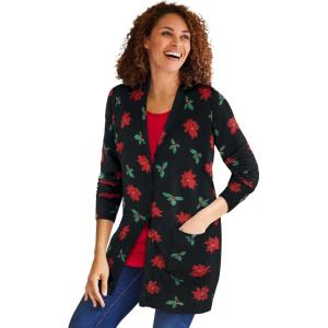 Woman Within Plus Size Perfect Longer-Length Cotton Cardigan Sweater(Black Poinsettia)