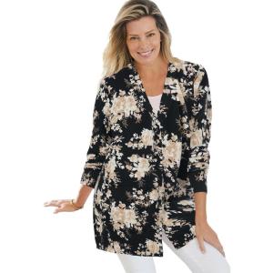 Woman Within Plus Size Perfect Longer-Length Cotton Cardigan Sweater(Black Pretty Rose)