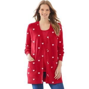 Woman Within Plus Size Perfect Longer-Length Cotton Cardigan Sweater(Classic Red Heart)