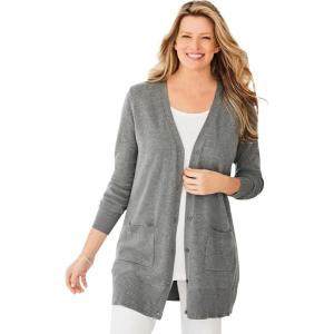 Woman Within Plus Size Perfect Longer-Length Cotton Cardigan Sweater(Medium Heather Grey)
