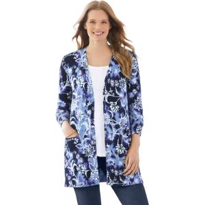 Woman Within Plus Size Perfect Longer-Length Cotton Cardigan Sweater(Navy Floral Tie Dye)