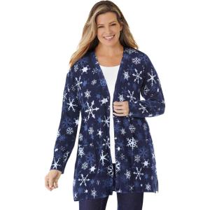 Woman Within Plus Size Perfect Longer-Length Cotton Cardigan Sweater(Navy Midnight Snowflakes)
