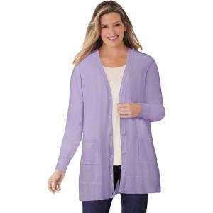 Woman Within Plus Size Perfect Longer-Length Cotton Cardigan Sweater(Pale Lilac)