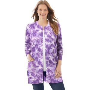 Woman Within Plus Size Perfect Longer-Length Cotton Cardigan Sweater(Petal Purple Tie Dye)