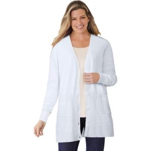 Woman Within Plus Size Perfect Longer-Length Cotton Cardigan Sweater(White)