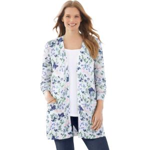 Woman Within Plus Size Perfect Longer-Length Cotton Cardigan Sweater(White Butterfly Garden)