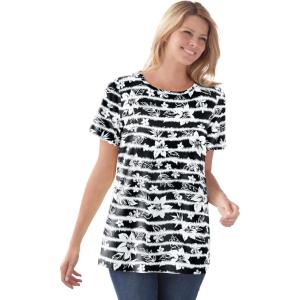 Woman Within Plus Size Perfect Printed Short-Sleeve Crewneck Tee(Black Batik Hibiscus)