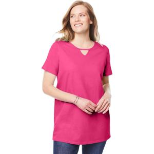 Woman Within Plus Size Perfect Short-Sleeve Keyhole Tee(Raspberry Sorbet)