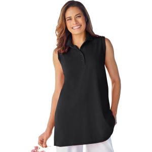 Woman Within Plus Size Sleeveless Polo Tunic(Black)