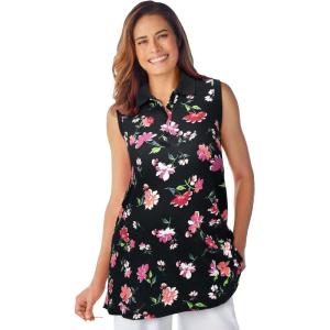 Woman Within Plus Size Sleeveless Polo Tunic(Black Multi Floral)