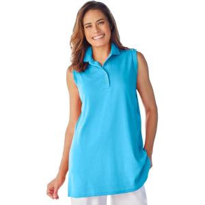 Woman Within Plus Size Sleeveless Polo Tunic(Paradise Blue)