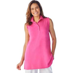 Woman Within Plus Size Sleeveless Polo Tunic(Raspberry Sorbet)