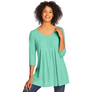 Woman Within Plus Size Smocked Henley Trapeze Tunic(Pale Seafoam)