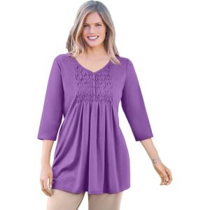 Woman Within Plus Size Smocked Henley Trapeze Tunic(Pretty Violet)
