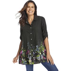 Woman Within Plus Size Snap Swing Pocket Tunic(Black Enchanted Garden Border)
