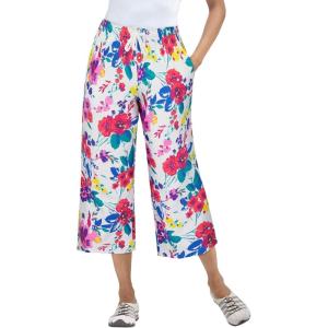 Woman Within Plus Size Sport-Knit Pull-On Capri Pants(White Coral Floral)